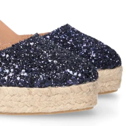 Alpargata mujer con cintas y piso doble en V en piel con Glitter Marino.