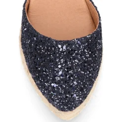 Alpargata mujer con cintas y piso doble en V en piel con Glitter Marino.