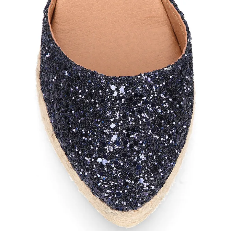 Alpargata mujer con cintas y piso doble en V en piel con Glitter Marino.