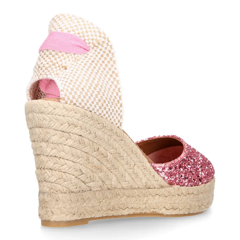Alpargata mujer con cintas y piso doble en V en piel con Glitter rosa.