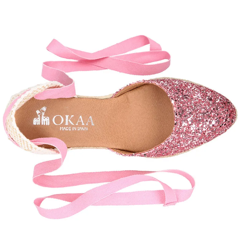 Alpargata mujer con cintas y piso doble en V en piel con Glitter rosa.