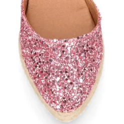 Alpargata mujer con cintas y piso doble en V en piel con Glitter rosa.
