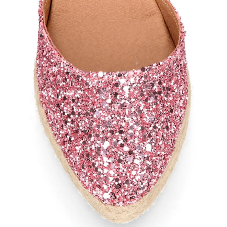 Alpargata mujer con cintas y piso doble en V en piel con Glitter rosa.