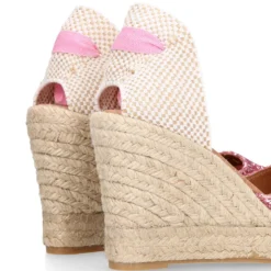 Alpargata mujer con cintas y piso doble en V en piel con Glitter rosa.