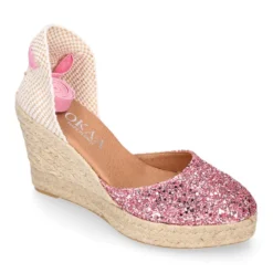 Alpargata mujer con cintas y piso doble en V en piel con Glitter rosa.