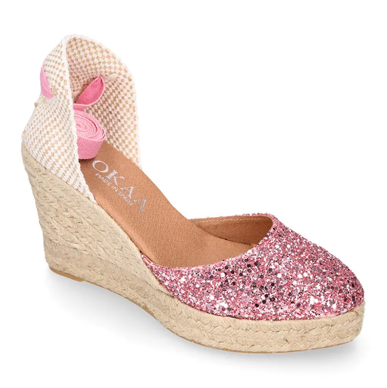 Alpargata mujer con cintas y piso doble en V en piel con Glitter rosa.