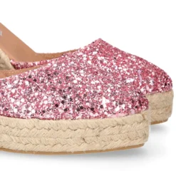Alpargata mujer con cintas y piso doble en V en piel con Glitter rosa.