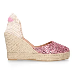 Alpargata mujer con cintas y piso doble en V en piel con Glitter rosa.