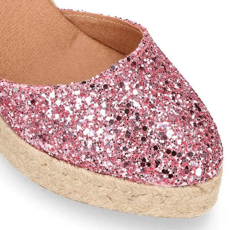Alpargata mujer con cintas y piso doble en V en piel con Glitter rosa.
