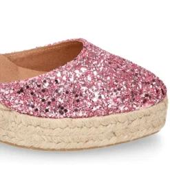 Alpargata mujer con cintas y piso doble en V en piel con Glitter rosa.