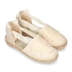 Alpargata niña con cintas VICHY en lona piqué BEIGE.