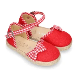 Alpargata niña en lino rojo con lazo VICHY.