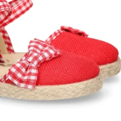 Alpargata niña en lino rojo con lazo VICHY.