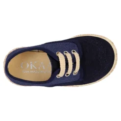 Alpargata niño tipo Blucher con cordones en piel serraje con lino natural.