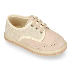 Alpargata niño tipo Blucher con cordones en piel serraje con lino natural.