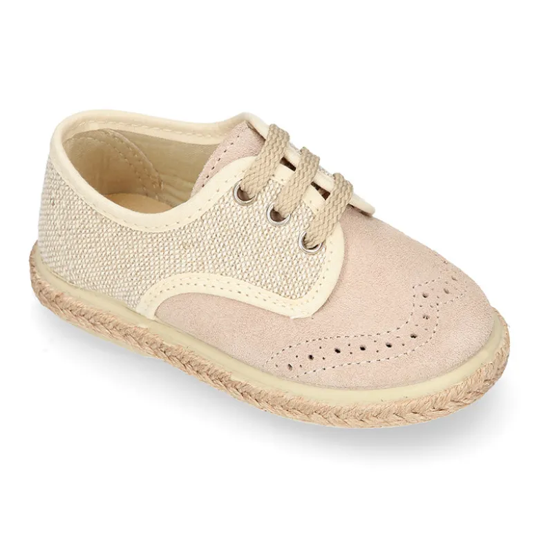 Alpargata niño tipo Blucher con cordones en piel serraje con lino natural.