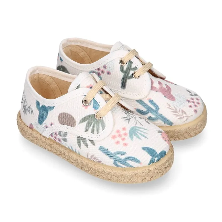 Alpargata niño tipo Blucher con cordones en lona con estampado CACTUS.