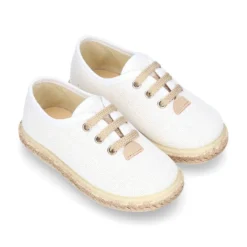 Alpargata niño tipo Blucher con cordones en LINO BLANCO.