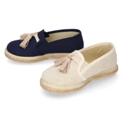Alpargata niño tipo MOCASÍN con borlas en LINO NATURAL.