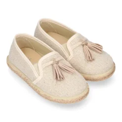 Alpargata niño tipo MOCASÍN con borlas en LINO NATURAL.