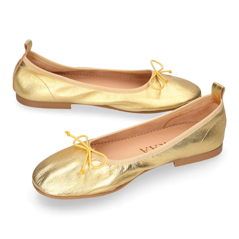 Bailarina clásica niña con lazo ajustable y elástico en piel Oro.