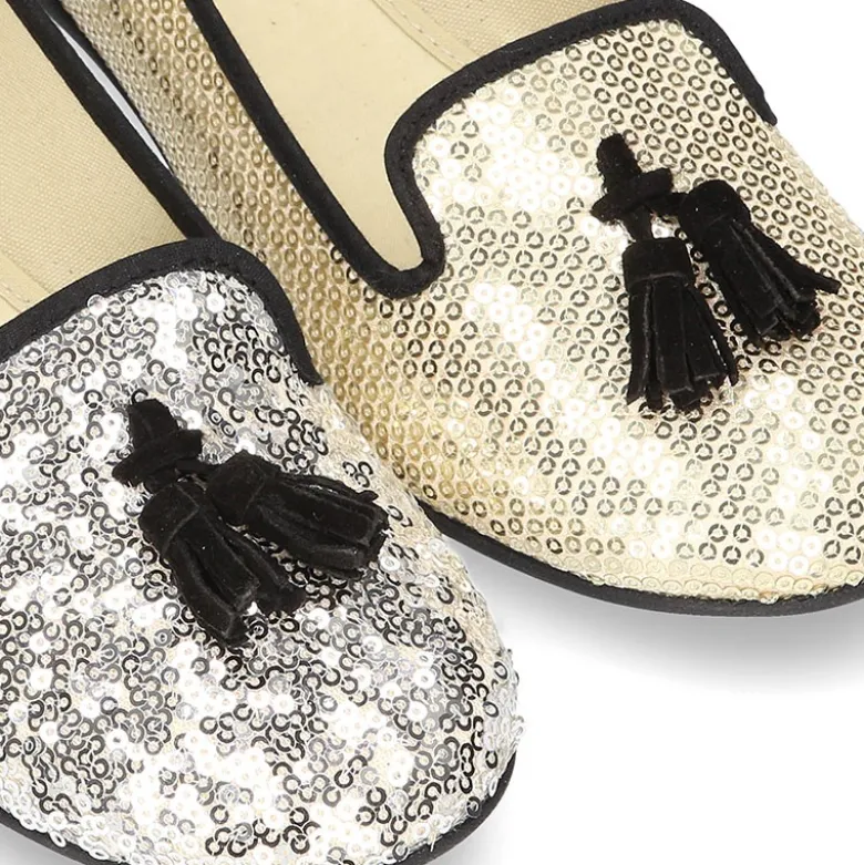 Bailarina mujer tipo SLIPPER con borlas en lona con lentejuelas.