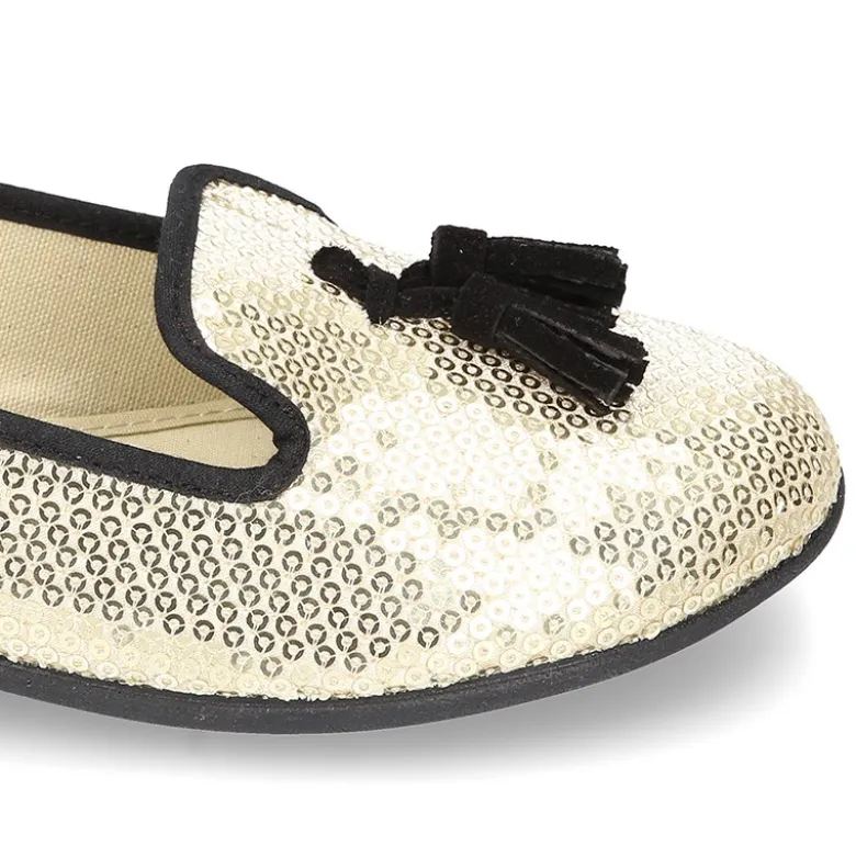 Bailarina mujer tipo SLIPPER con borlas en lona con lentejuelas.