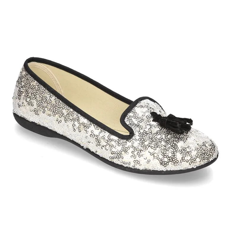 Bailarina mujer tipo SLIPPER con borlas en lona con lentejuelas.