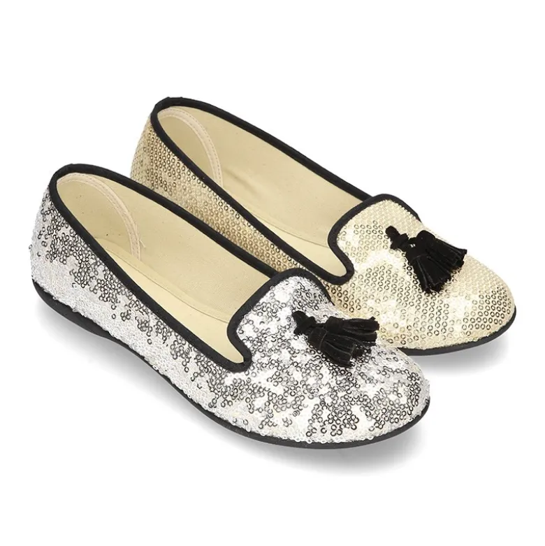 Bailarina mujer tipo SLIPPER con borlas en lona con lentejuelas.