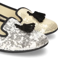 Bailarina mujer tipo SLIPPER con borlas en lona con lentejuelas.
