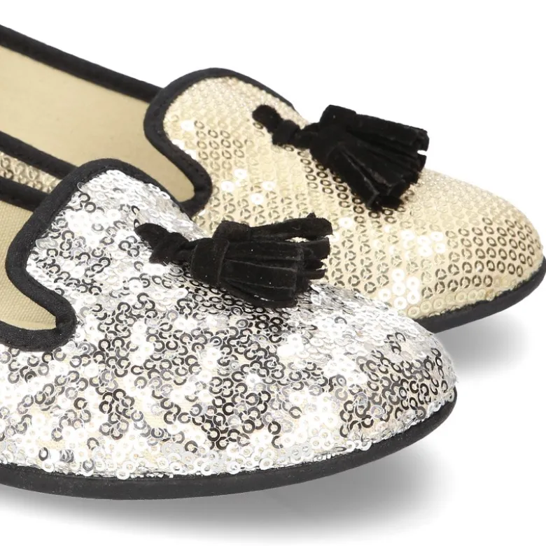 Bailarina mujer tipo SLIPPER con borlas en lona con lentejuelas.