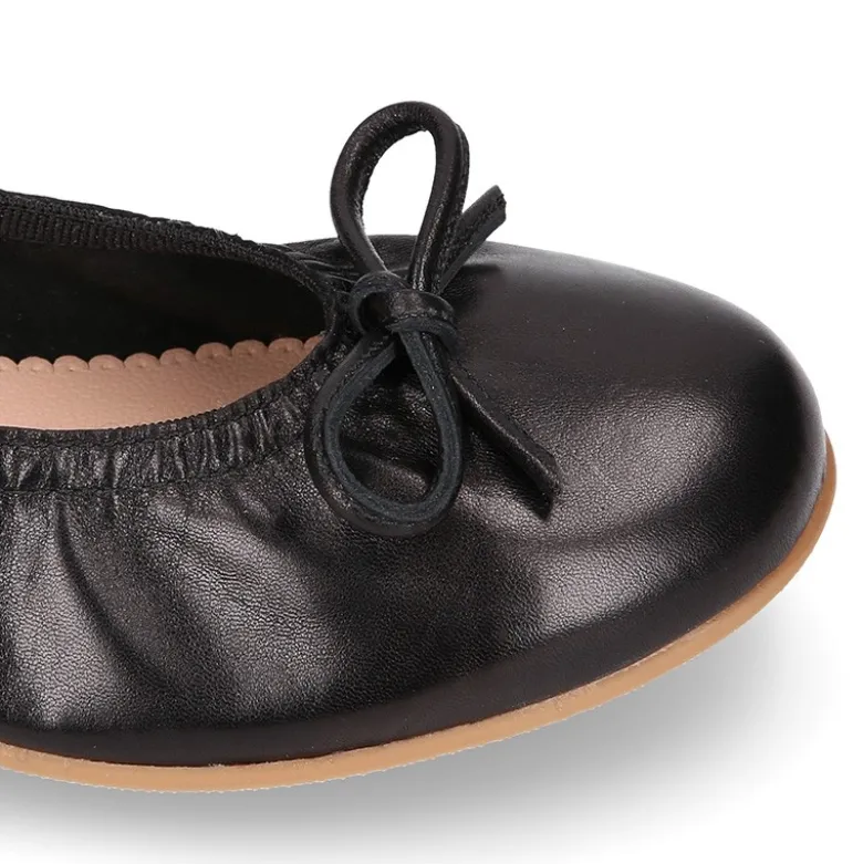 Bailarina niña ajustable con lazo en piel suave en color NEGRO.