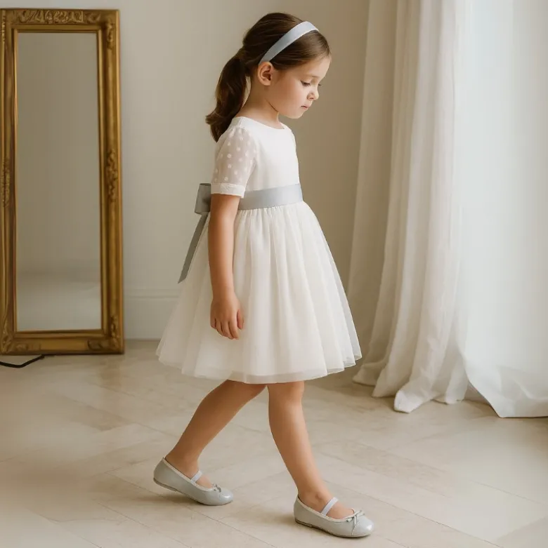 Bailarina niña clásica con lazo y tira elástica en MICROFIBRA y CHAROL.