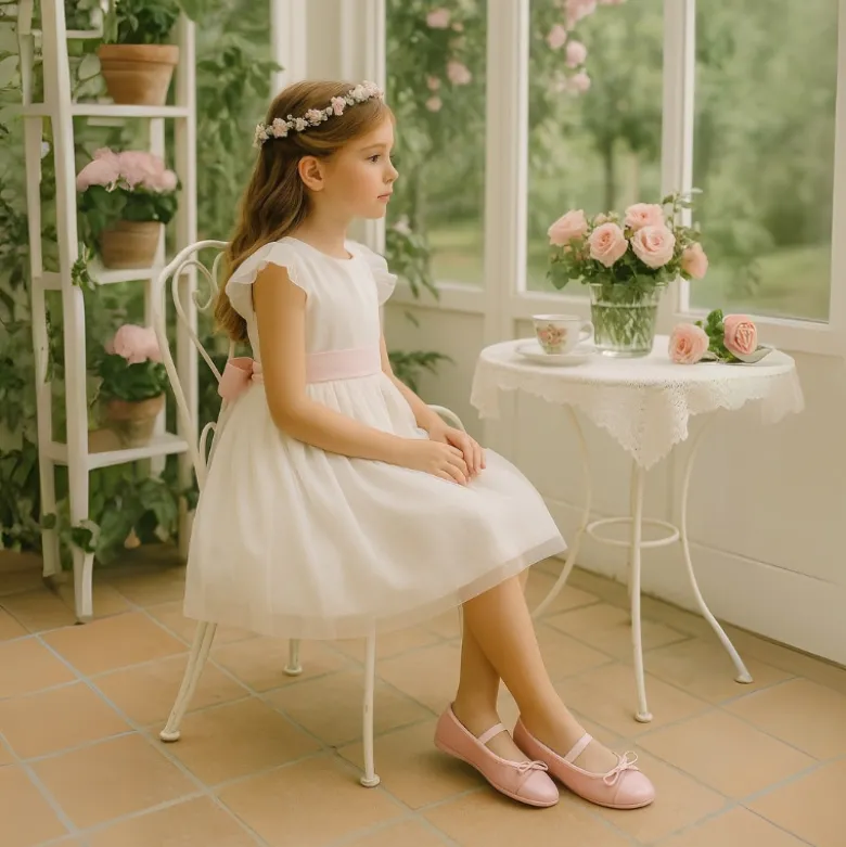 Bailarina niña clásica con lazo y tira elástica en MICROFIBRA y CHAROL.
