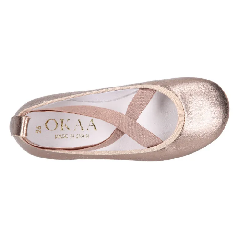 Bailarina niña tipo Ballet con cintas cruzadas elásticas en piel bronce.