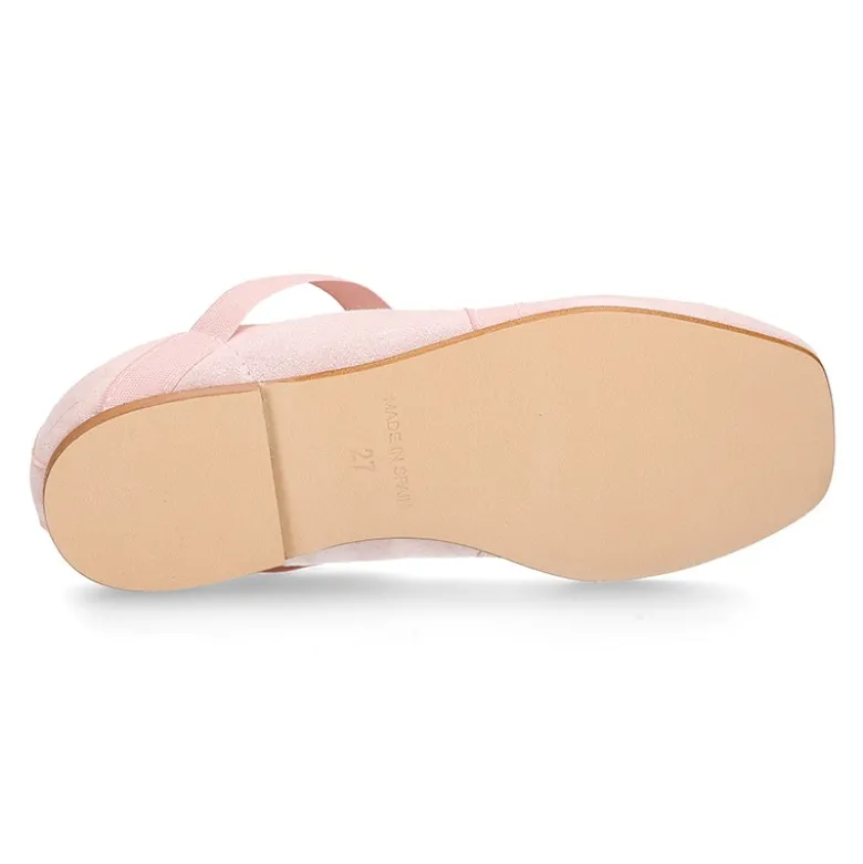Bailarina niña tipo Ballet punta cuadrada con cintas cruzadas en piel ANTE METALIZADO.