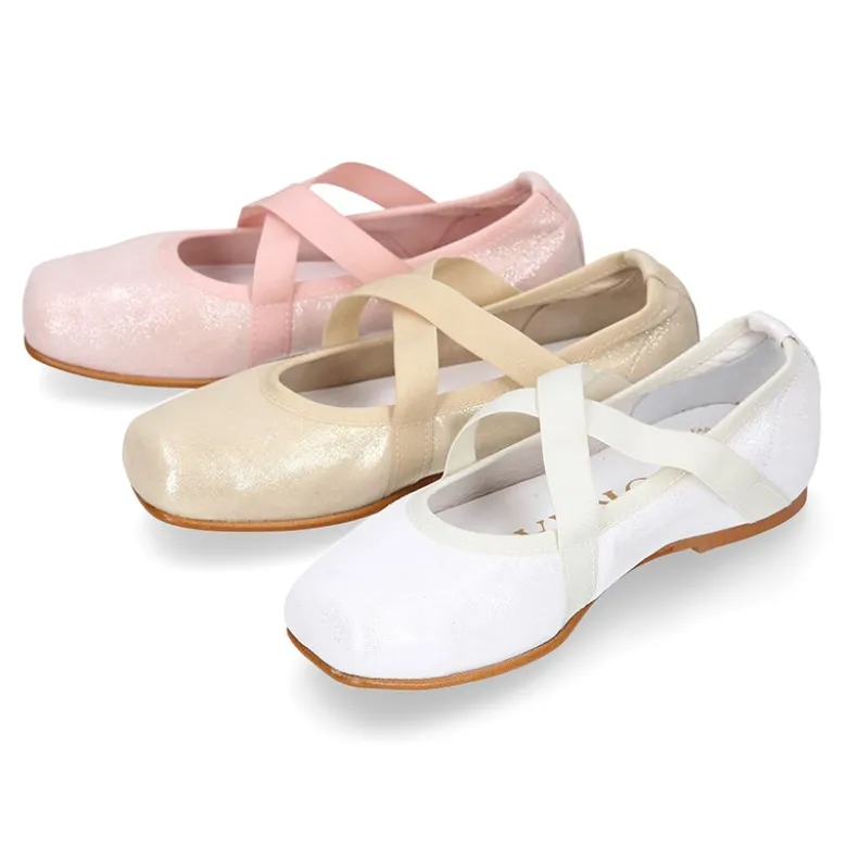 Bailarina niña tipo Ballet punta cuadrada con cintas cruzadas en piel ANTE METALIZADO.