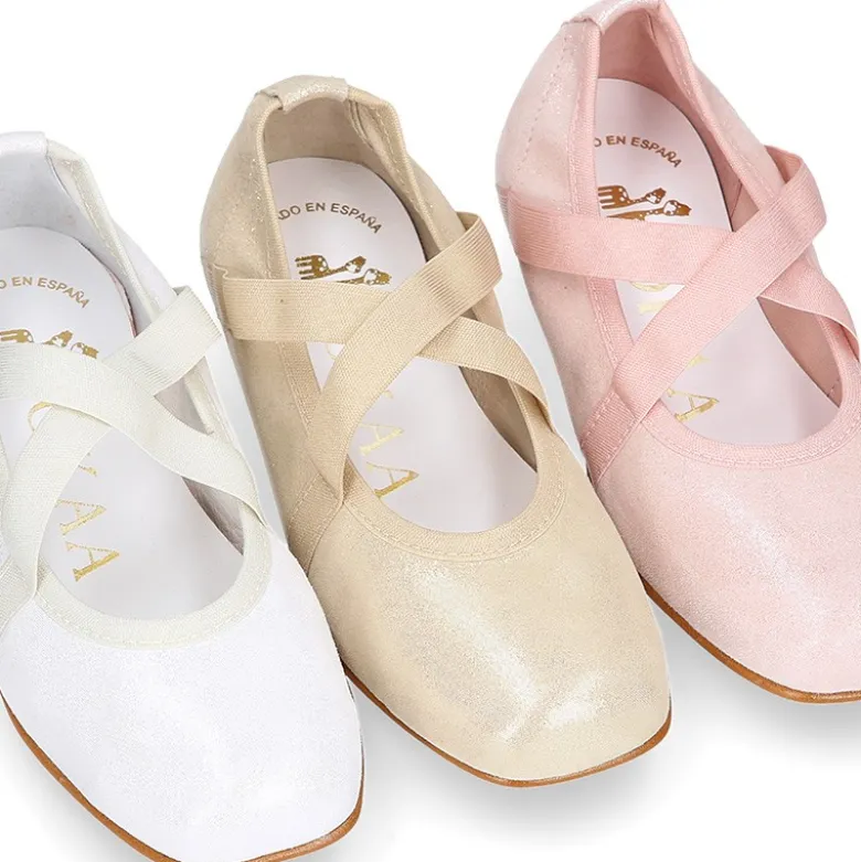 Bailarina niña tipo Ballet punta cuadrada con cintas cruzadas en piel ANTE METALIZADO.
