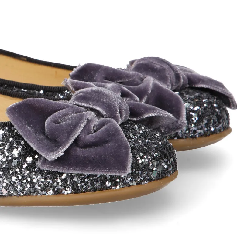 Bailarina niña tipo LUXURY COLLECTION con lazo terciopelo en piel con glitter.