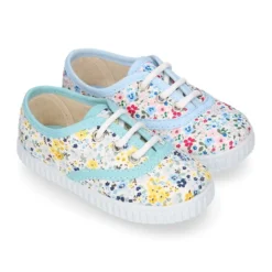 Bamba niños cordones en lona algodón con FLORES.