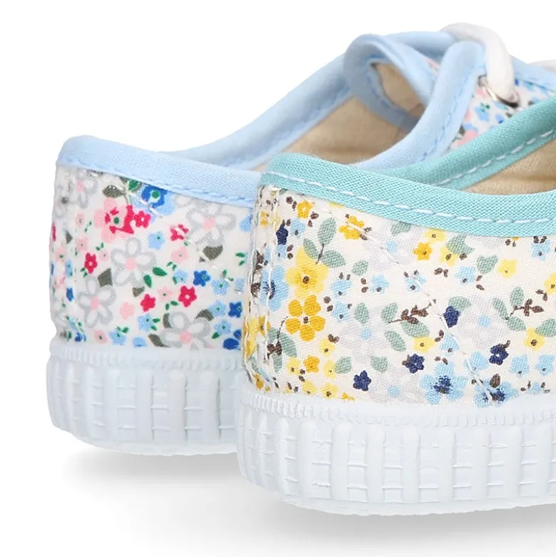 Bamba niños cordones en lona algodón con FLORES.