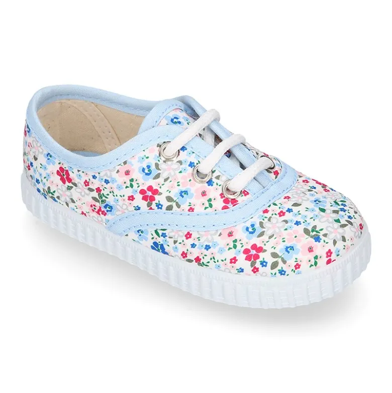 Bamba niños cordones en lona algodón con FLORES.