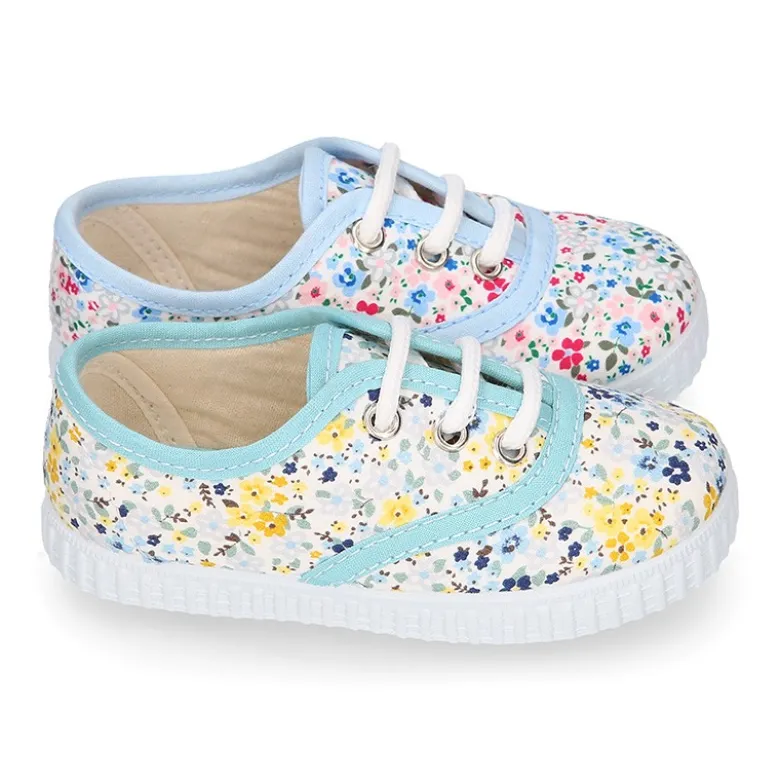Bamba niños cordones en lona algodón con FLORES.
