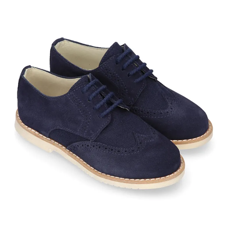 Blucher niño ceremonia con cordones en piel serraje con lino marino.