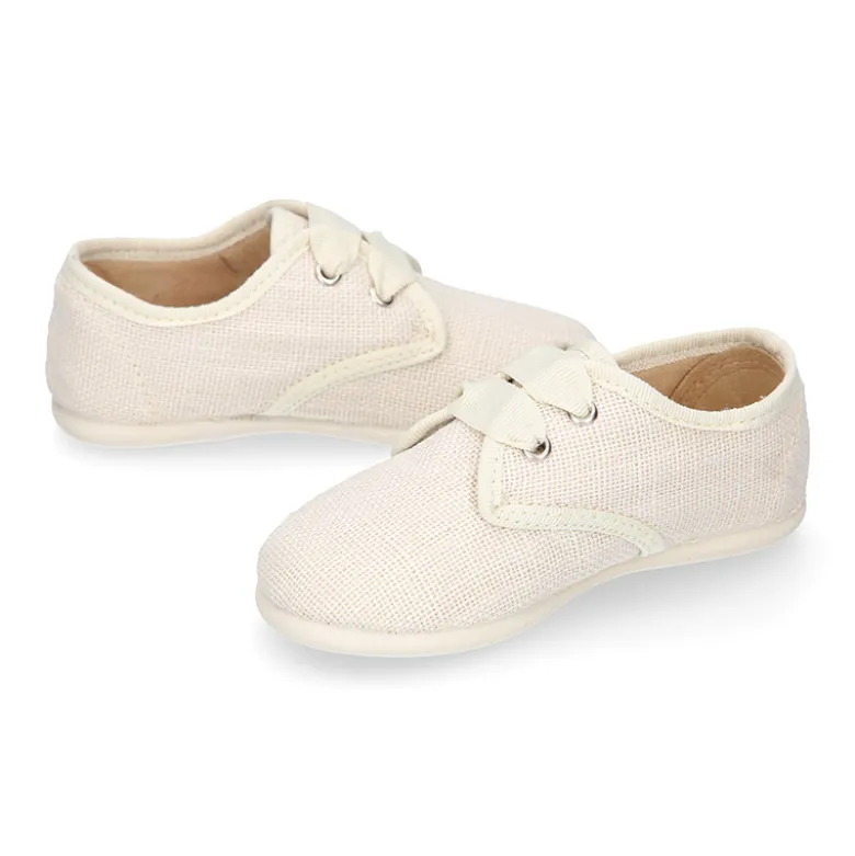 Blucher niño ceremonia en lona lino en color beige.