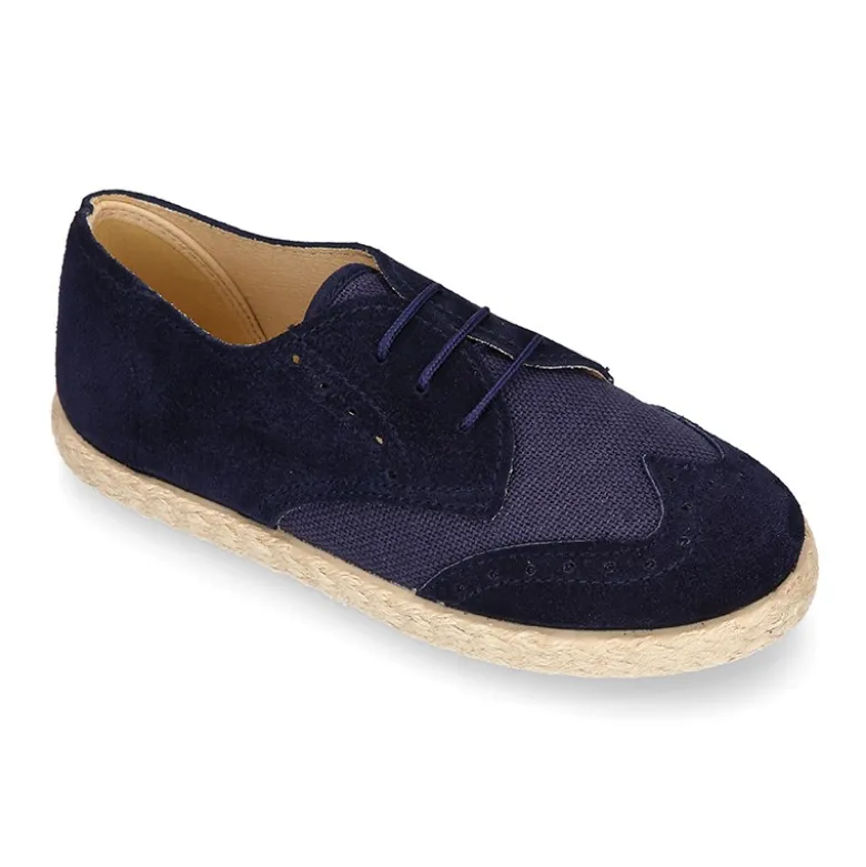 Blucher niño tipo alpargata en LINO combinado con piel SERRAJE con cordones.