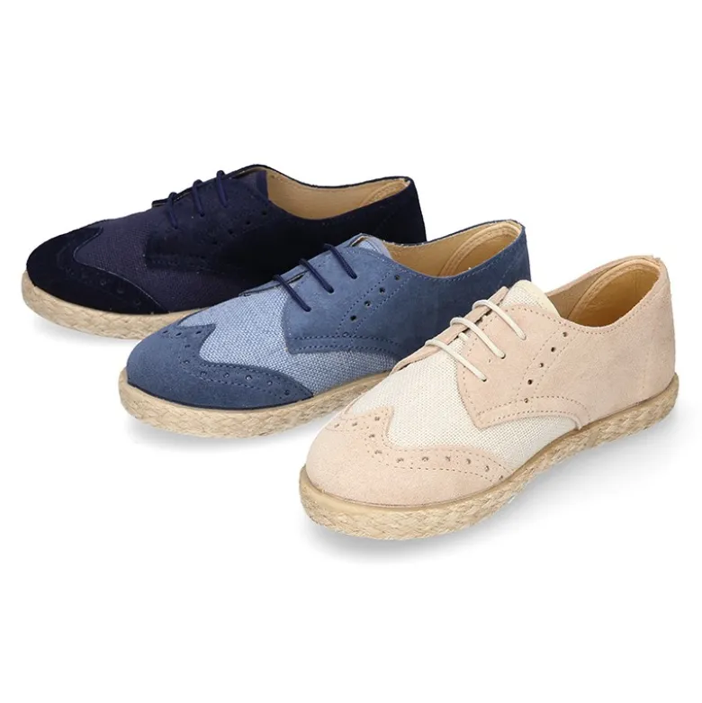 Blucher niño tipo alpargata en LINO combinado con piel SERRAJE con cordones.