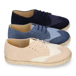 Blucher niño tipo alpargata en LINO combinado con piel SERRAJE con cordones.
