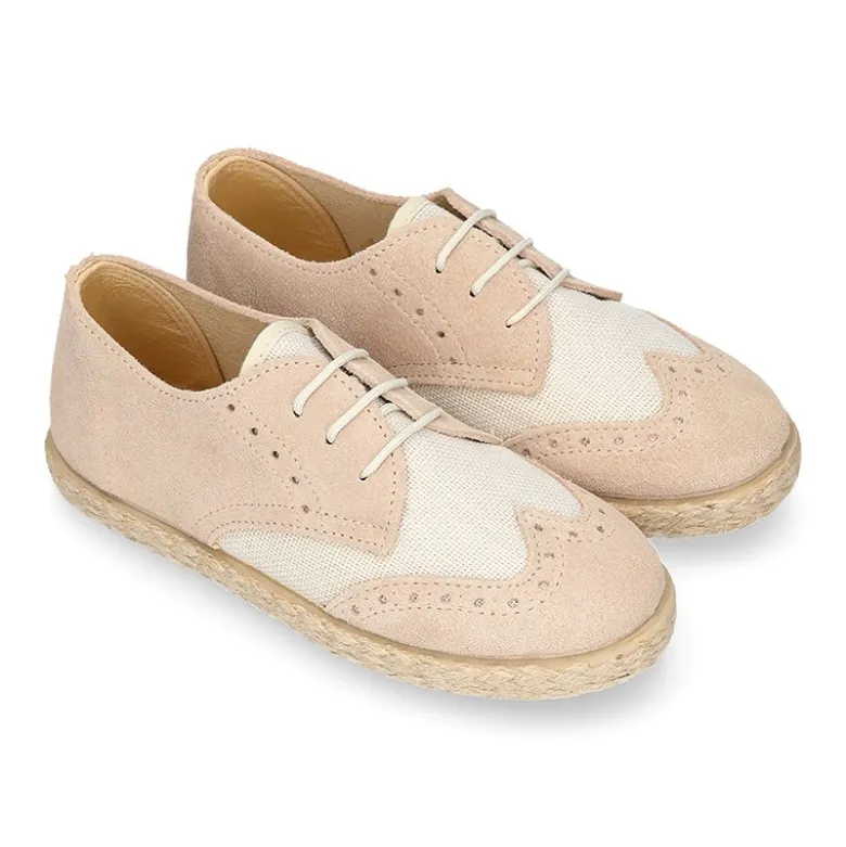 Blucher niño tipo alpargata en LINO combinado con piel SERRAJE con cordones.