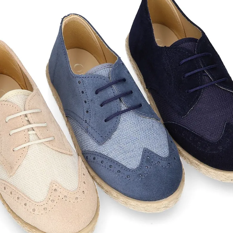 Blucher niño tipo alpargata en LINO combinado con piel SERRAJE con cordones.